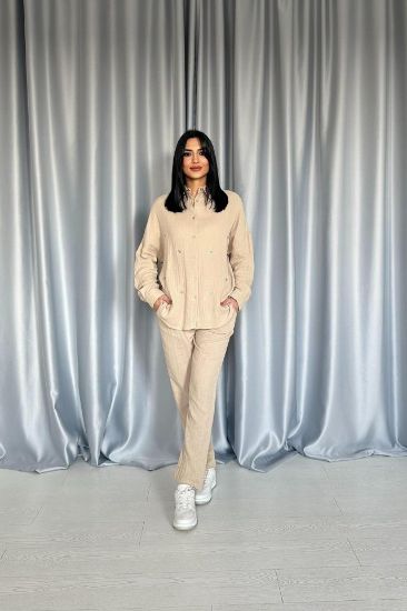 Bej 3 Taş Motifli Gömlek Ve Pantolon Takım resmi